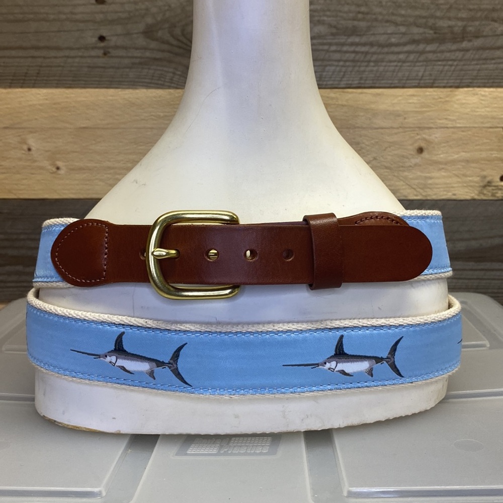 Mens leather canvass belt man made sailfish swordfish size 46 fishing outdoor